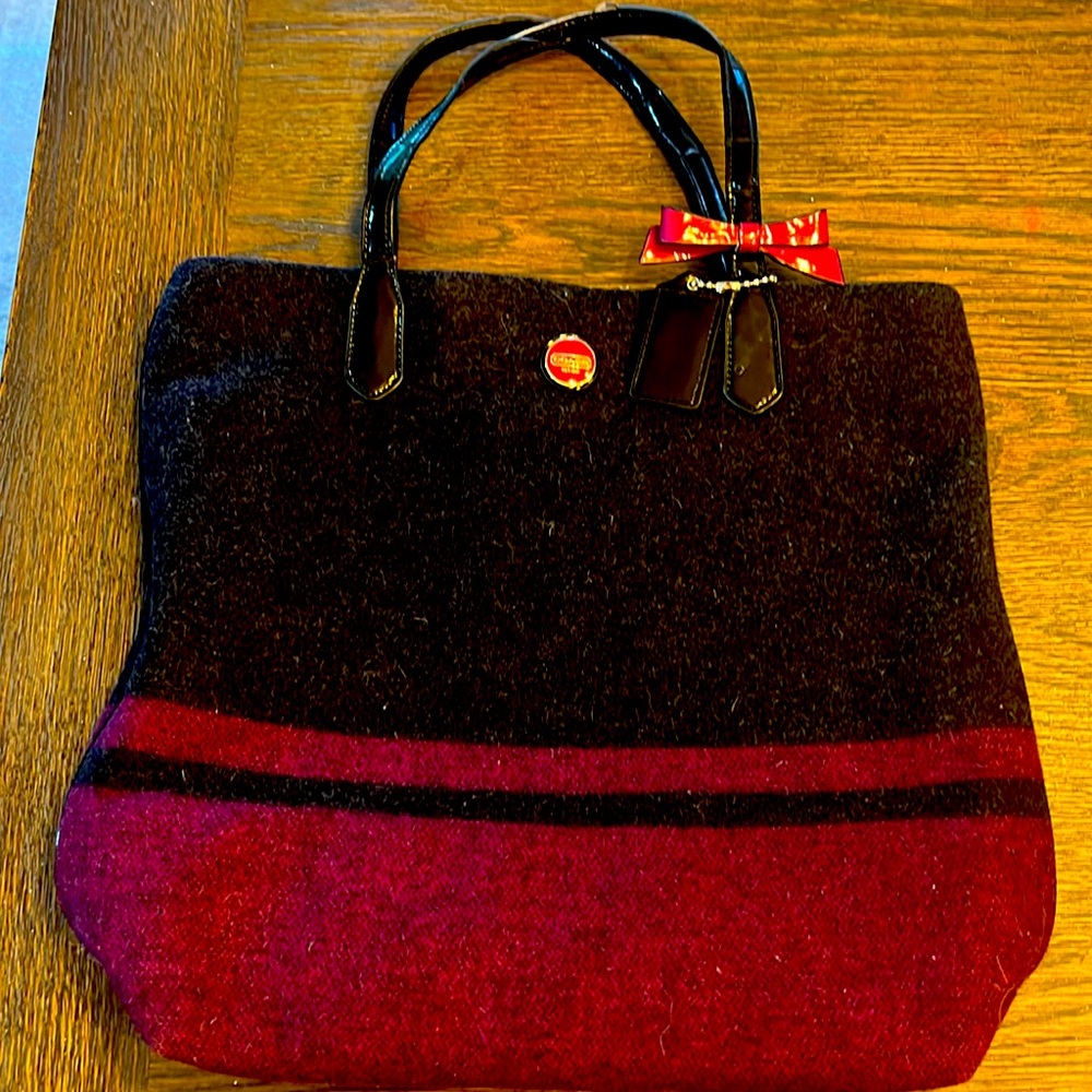 Coach Zip top Wool & Patent Leather Small Tote Bag